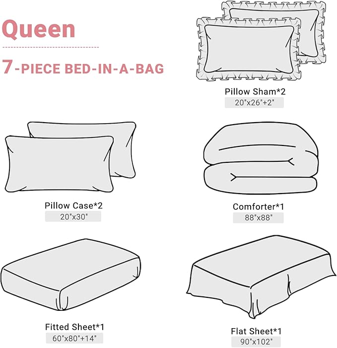 JOLLYVOGUE Queen Comforter Set 7 Pieces, Pink Bed in a Bag Comforter Set for Bedroom, Bedding Comforter Sets with Comforter, Sheets,Ruffled Shams & Pillowcases