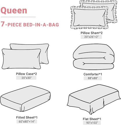 JOLLYVOGUE Queen Comforter Set 7 Pieces, Pink Bed in a Bag Comforter Set for Bedroom, Bedding Comforter Sets with Comforter, Sheets,Ruffled Shams & Pillowcases