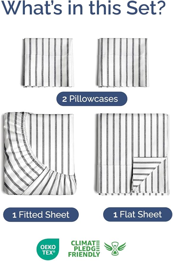 Extra Deep Twin XL Sheet Set - 4 Piece Breathable and Cooling Sheets - Hotel Luxury Bedding for Women, Men, Kids & Teens - Easy Secure Fit - Soft & Wrinkle Free with Extra Deep Pockets - Grey Stripes