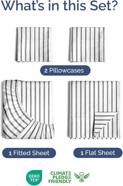Extra Deep Twin XL Sheet Set - 4 Piece Breathable and Cooling Sheets - Hotel Luxury Bedding for Women, Men, Kids & Teens - Easy Secure Fit - Soft & Wrinkle Free with Extra Deep Pockets - Grey Stripes