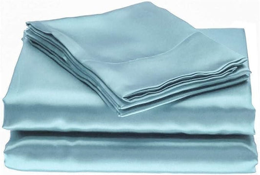 100% Pure Silk Satin Sheet Set 4pcs, Silk Fitted Sheet 15" Deep Pocket Mattress fit,Silk Flat Sheet&Silk Pillowcases Set Soft Silk Sheets|Wrinkle Free Fade Resistant Sky Blue,SuperQueen