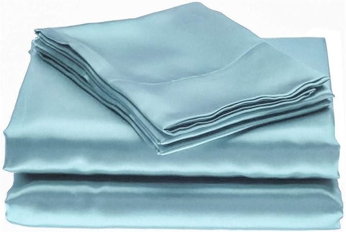 100% Pure Silk Satin Sheet 4pcs, Silk Fitted Sheet 15" Deep Pocket Mattress fit,Silk Flat Sheet&Silk Pillowcases Cool Soft Silk Sheets|Wrinkle Free Fade Resistant Short Queen Sky Blue