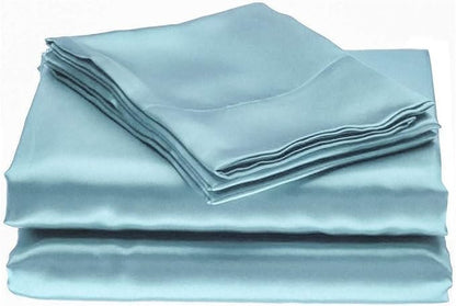 100% Pure Silk Satin Sheet Set 4pcs, Fitted Sheet 15" Deep Pocket Mattress fit, Flat Sheet & Pillowcases Set Soft Silk Sheets|Wrinkle Free Fade Resistant.(Sky Blue, Queen)