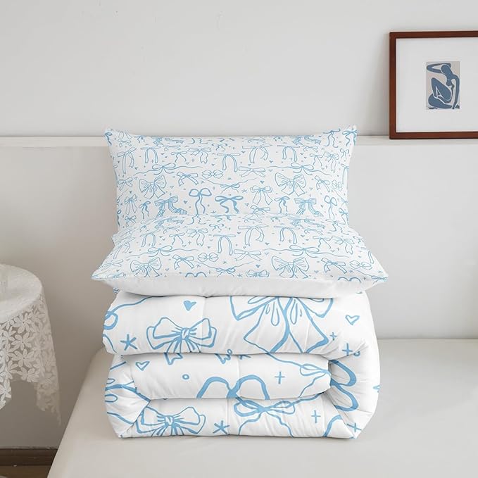 Cute Blue Bowknot Comforter Set King Size,Cartoon Hand Drawn Stars Love Bow Bedding Set,Kids Girls Sweet Princess Style Quilt Set for Teens Woman Room Decor,Modern Romantic Duvet Insert 3Pcs