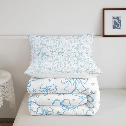 Cute Blue Bowknot Comforter Set King Size,Cartoon Hand Drawn Stars Love Bow Bedding Set,Kids Girls Sweet Princess Style Quilt Set for Teens Woman Room Decor,Modern Romantic Duvet Insert 3Pcs