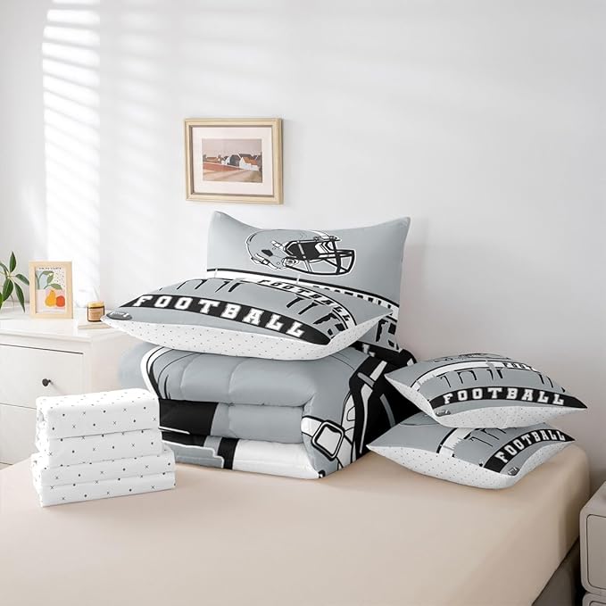 Erosebridal Football City 7 Pcs Comforter Set Twin Football Bedding Boys Girls Grey Rugby Game Sheet Set Bed in A Bag Football Fans Bedroom Decor Sports Ball Competition Bed Set