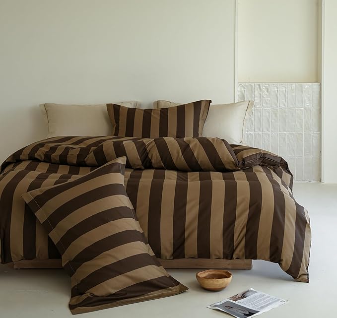 King Size Cotton Comforter Set, 3Pcs Brown Yellow Striped Duvet for All Seasons, Luxury Warmth Breathable Bedding Set with 1 Lightweight Comforter and 2 Pillow Shams