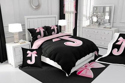 jejeloiu Kids Girls Black Pink Bow Comforter Set with Sheets Queen Size Monogrammed 7 Piece Bedding Set Personalized Initial J Bed in a Bag with Comforter,Sheets,Pillowcases Modern Fashion Bed Set