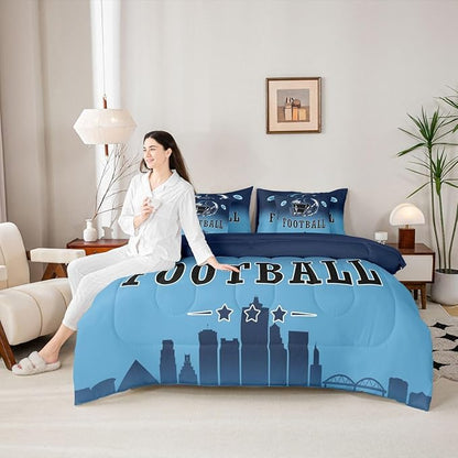 Erosebridal American Soccer Comforter Set with Sheets Football City Blue 7 Piece Bedding Set Full for Kids Boys Girls Teen Room Decor,Sports Rugby Games Bed in A Bag Ball Sports Bed Set