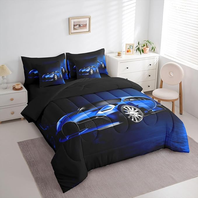 Feelyou Sports Car 7 Piece Bedding Set Blue Race Car Comforter Set with Sheets for Kids Boys Girls Extreme Sports Theme Bed in a Bag Cool Speed Luxury Car Decor Bed Set with 2 Pillowcases King