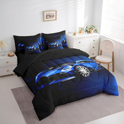 Feelyou Sports Car 7 Piece Bedding Set Blue Race Car Comforter Set with Sheets for Kids Boys Girls Extreme Sports Theme Bed in a Bag Cool Speed Luxury Car Decor Bed Set with 2 Pillowcases Queen