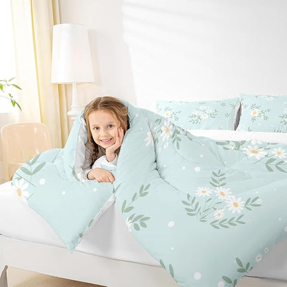 Manfei White Daisy Comforter Set King Size, Green Leaves Quilt Set with 2 Pillowcases, Botanical Garden Artwork Bedding Set 3pcs for Kids Boys Girls Bedroom Decor Lightweight Duvet Insert