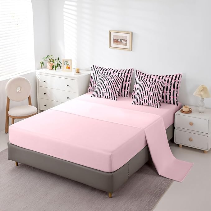 Erosebridal Kids Girls Bowknot Bow Black Pink Y2K 7 Piece Bedding Set Twin | Kawaii Cute Comforter Set with Sheets Stripe Bed in A Bag Geometric Bed Sets