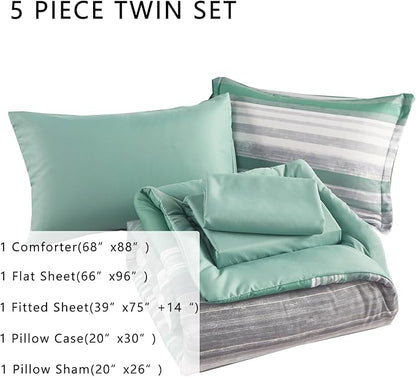 KAKIJUMN 5 Piece Bed in a Bag Stripe Comforter Set Twin Size, White Grey Sage Green Patchwork Striped Comforter and Sheet Set, All Season Soft Microfiber Complete Bedding Set(Green,Twin)