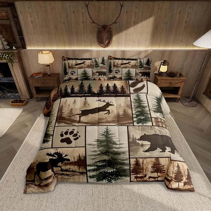 Feelyou Western Rustic Bear Deer Comforter Set Twin Size, Country Farmhouse Duvet Insert, Rustic Cabin Bedding Set,Elk Forest Animal Wildlife Hunting Patchwork Lodge Quilt, 1 Pillow Shams