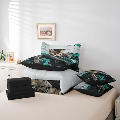 7 Pieces Green Marble Bedding Set Full Size Marbling Green Turquoise Bed in A Bag for Kids and Adults, Cartoon Cat Bed Set for Boys Girls Teal Stone Mountain Fluid Comforter Sets with Sheets