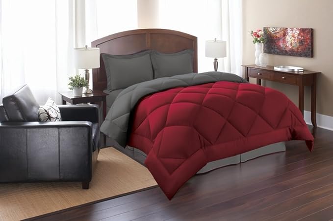 Elegant Comfort Goose Down Alternative Reversible 3-Piece Comforter Set - Breathable and Super Soft All Season Reversible Diamond Box Quilted Comforter Set with 2 Shams, King/Cal King, Red/Gray