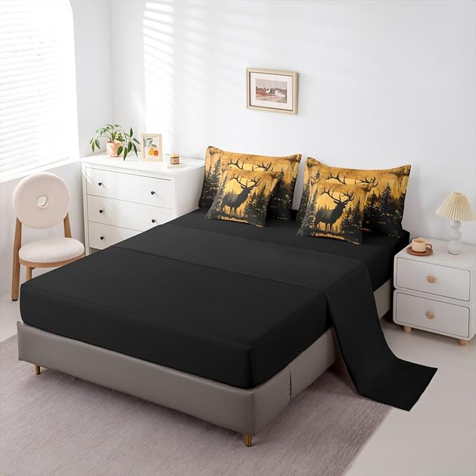 Erosebridal Queen Size Rustic Cabin Lodge Comforter Set with Sheets 7 Pcs | Hunting Deer Bedding Set for Kids Boys Teens Adults Rural Country Cute Deer Bed Sets Woodland Farmhouse Animal Quilt Sets