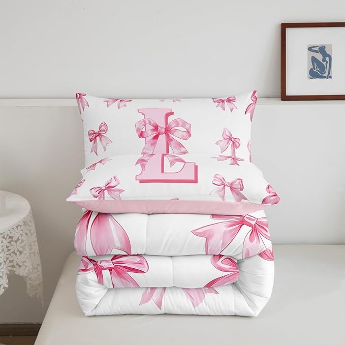 Erosebridal Initial Letter L Comforter Set for Kids Teen Women,Pink Bow Girls Twin Bedding Set Kawaii Girly Bowknot Bedding Comforter Sets Princess Style Romantic Bow Quilt Duvet