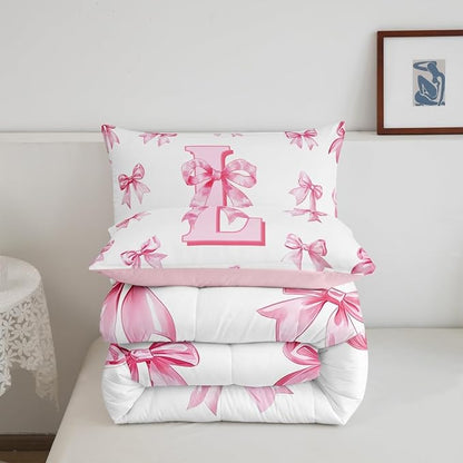 Erosebridal Initial Letter L Comforter Set for Kids Teen Women,Pink Bow Girls Twin Bedding Set Kawaii Girly Bowknot Bedding Comforter Sets Princess Style Romantic Bow Quilt Duvet