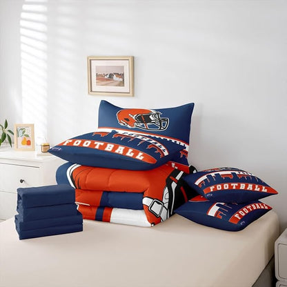 Erosebridal Football City 7 Pcs Comforter Set Twin Football Bedding for Boys Girls Blue Orange Rugby Game Sheet Set Bed in A Bag Football Fans Bedroom Decor Sports Ball Team Bed Set