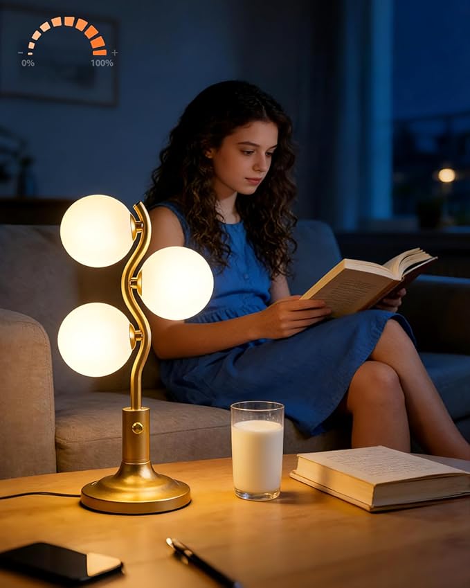 3-Globe Table Lamp for Bedroom, Mid Century Modern Gold Desk Lamp 3000K Warmwhite Dimmable Nightstand Bedside Lamp for Living Room Study Room(G9 Bulbs Included)