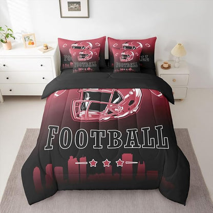 Erosebridal American Soccer Boys Full 7 Piece Bedding Set Football City Comforter Set with Sheets Sports Rugby Bed in A Bag for Kids Teen Adults,Red Black Ball Sports Games Bed Set