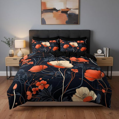 Vintage Floral Comforter Set King Size, Red and Black Flower Soft Bedding Set with 2 Pillowcases, Bedroom Decor/104 * 90