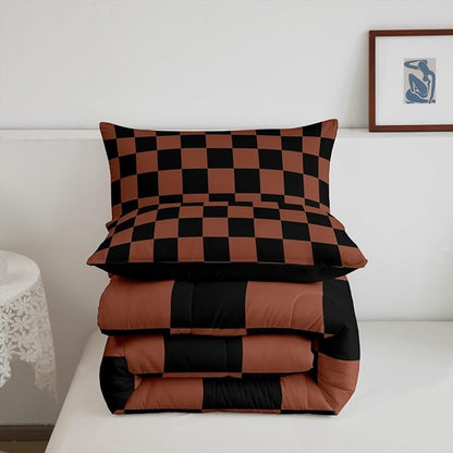 Feelyou Checkered Bedding Set Teen Women Men Brown Black Plaid Comforter Set King Size Kids Boys Girls Cute Retro Neutral Checkerboard Geometric Duvet Insert Vintage Aesthetic Room Decor