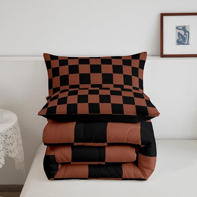 Feelyou Checkered Bedding Set Teen Women Men Brown Black Plaid Comforter Set Twin Size Kids Boys Girls Cute Retro Neutral Checkerboard Geometric Duvet Insert Vintage Aesthetic Room Decor