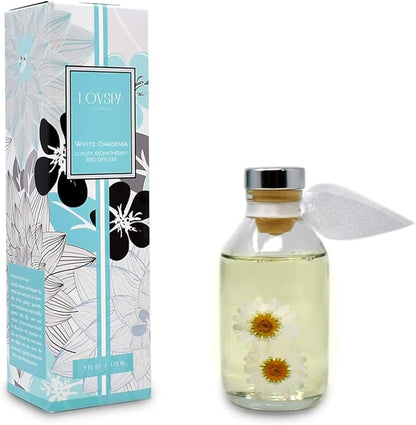LOVSPA Reed Diffuser Set, White Gardenia Scented Oil Diffuser with Sticks, Home Fragrance Accessories for Bathroom Shelf Decor, Aroma Diffusers for Home or Office Desk, USA Made