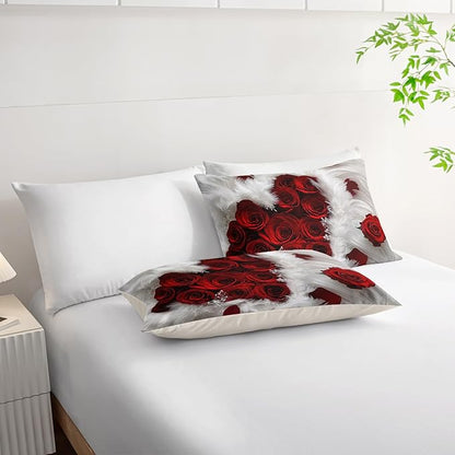 7 Piece Rose White and Red Comforter Set King Size Bed，Romantic Valentine’S Day Valentines Day Bedding King Floral，(1 Comforter, 1 Flat Sheet, 1 Fitted Sheet, 2 Pillowcase and 2 Pillow Sham)