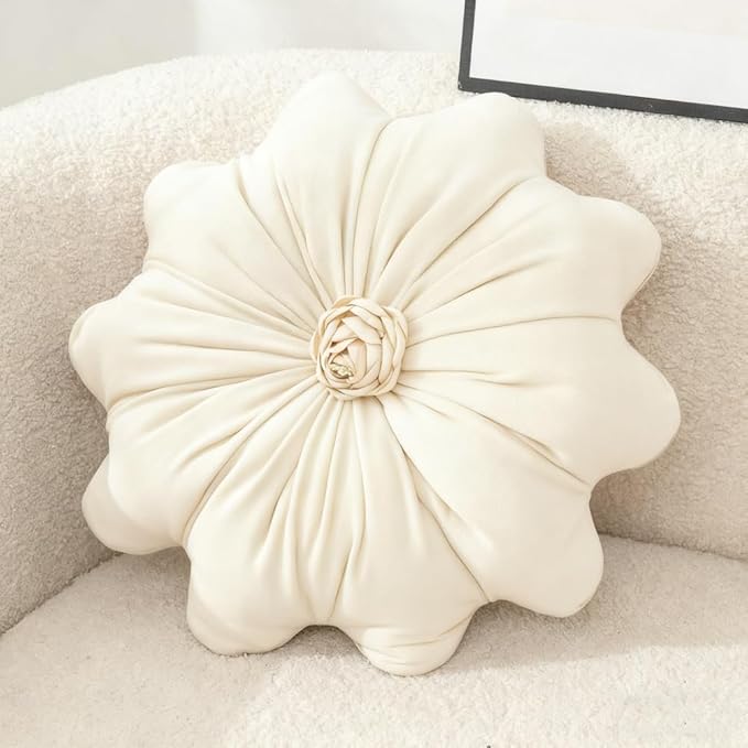 15.7 Inches Round Throw Pillows Velvet Flower Chair Cushion for Couch Sofa Chair Bed Home Decoration (Beige)