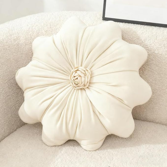 15.7 Inches Round Throw Pillows Velvet Flower Chair Cushion for Couch Sofa Chair Bed Home Decoration (Beige)