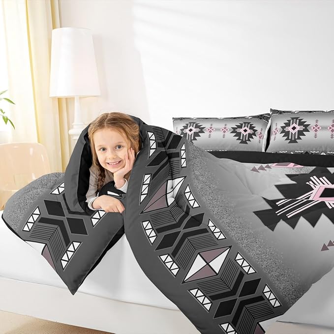 Erosebridal Pink Western Comforter Set Toddler Size, Southwestern Aztec Bedding Set for Boys Teens Men Bedroom, Exotic American Native Bedding Comforter Sets Vintage Bohemian Geometric Quilt, Grey