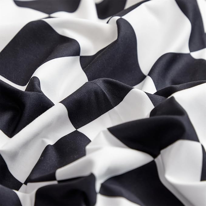 KAREVER Black White Grid Comforter Queen Black Plaid Bedding Set Women Black and White Checkered Bed Comforter Set Breathable Blanket Set Men Durable Bedding Comforter Set