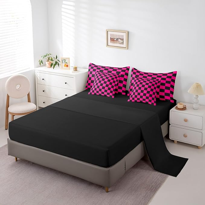 Feelyou Checkered 7 Piece Bedding Set Teen Dark Red Black Plaid Comforter Set with Sheets Twin Size Kids Boys Cute Retro Neutral Checkerboard Geometric Bed in a Bag Vintage Aesthetic Room Decor