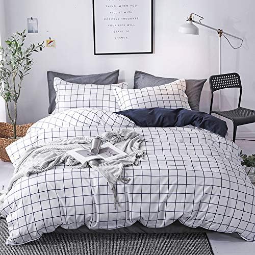 Faincy Queen Comforter Set, White Black Grid Geometric Plaid Pattern Printed Reversible Comforter - Size 90 x 90 3PC Soft Microfiber Duvet Sets 2 Pillowshams Modern Bedding in a Bag for Women Men Teen