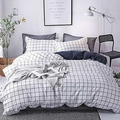 Faincy Queen Comforter Set, White Black Grid Geometric Plaid Pattern Printed Reversible Comforter - Size 90 x 90 3PC Soft Microfiber Duvet Sets 2 Pillowshams Modern Bedding in a Bag for Women Men Teen