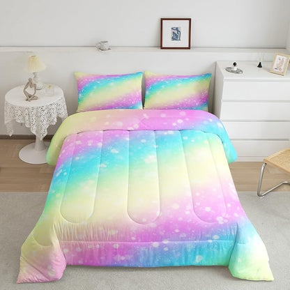 Feelyou Rainbow Comforter Set Toddler, Tie Dye Pastel Bedding Set Stars Glitter Comforter for Kids Colorful Stripes Bedspread C Room Decor with 1 Pillow Case