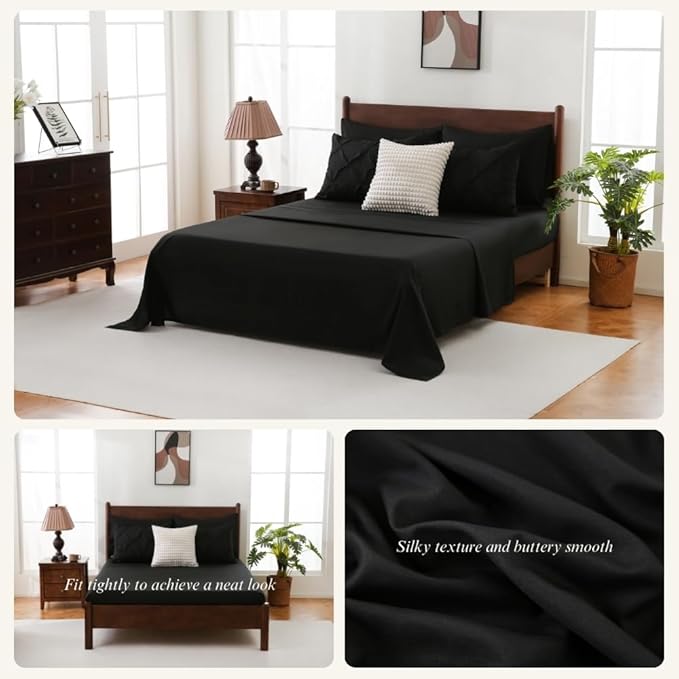 Sheet&Joy King Size Comforter Set, 7-Piece Bed in a Bag, Pintuck Bedding Set for All Season, Includes Comforter, Flat Sheet, Fitted Sheet, Pillowcases and Pillowshams, Black