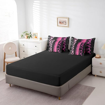 jejeloiu 3D Pink Leopard 7 Piece Bedding Set Queen Size Adult Leopard Comforter Set with Sheets for Boys Girls Animal Print Bed in a Bag Wild Animal Fur Bed Set