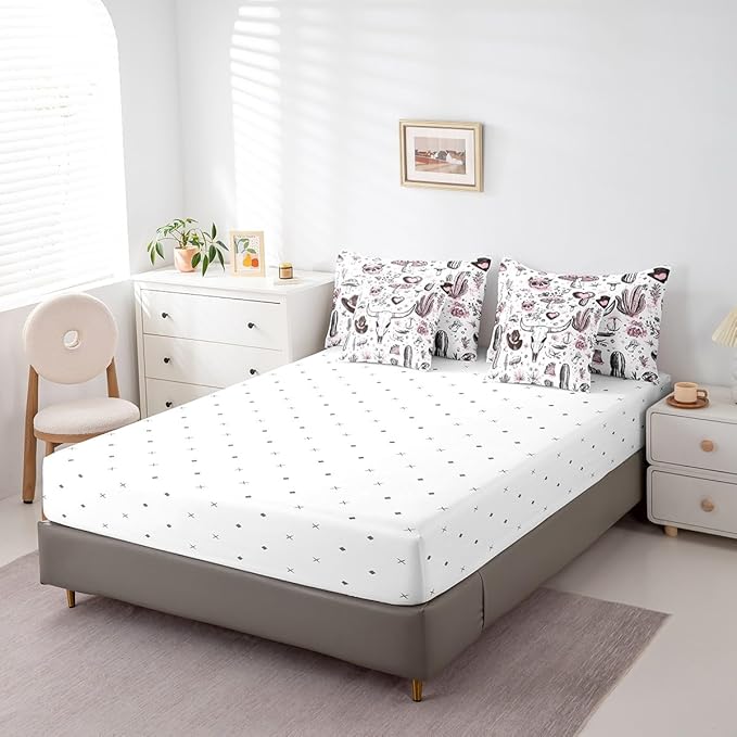 Feelyou Western Cow Skull Comforter Set with Sheets Twin Size Kids Longhorn Skull 7 Pieces Bedding Set for Boys Girls Teens West Cowboy Bed in a Bag Breathable Hat Bed Set Cactus