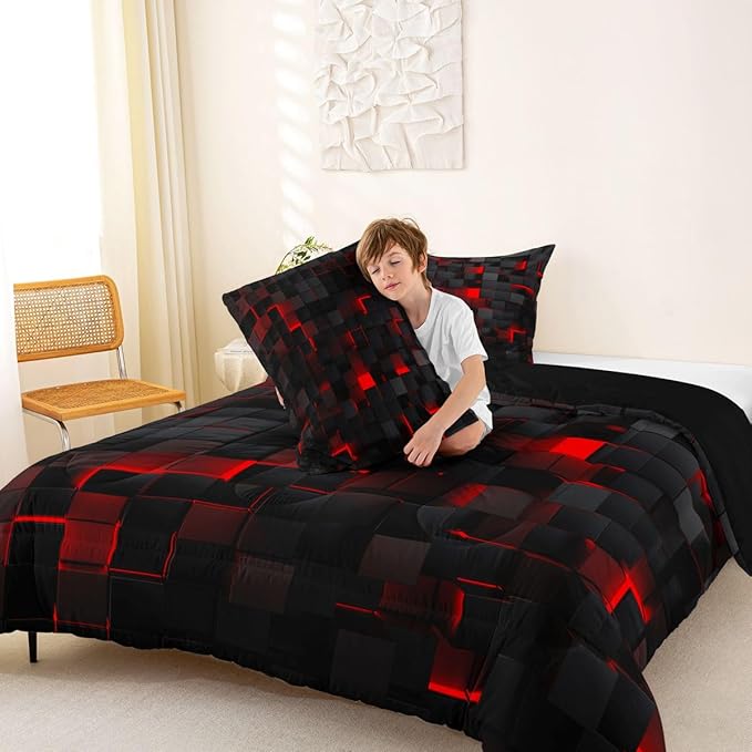 Erosebridal Black and Red Comforter Set Twin Neon Geometric Checkered Bedding Set Gamer Room Decor for Boys,Abstract Grids Quilt Comforter for Kids Teen Men Plaid Check Bed Set 2 Pcs
