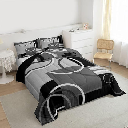 Circles Comforter Set Modern Grey Black White Bedding Sets Queen Size Abstract Swirls Square Quilted Duvet Geometric Stripe Duvet Set Modern Creative Soft Down Comforter With 2 Pillow Shams