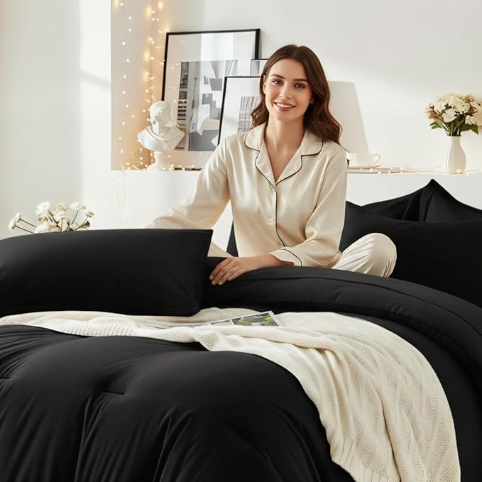 Oversized Queen Comforter Set 7 Pieces - Ultra-Soft Bed in a Bag, Cozy Luxury All Season Bedding Sets with Comforter, Flat Sheet, Fitted Sheet, 2 Pillow Shams & 2 Pillowcases, Black