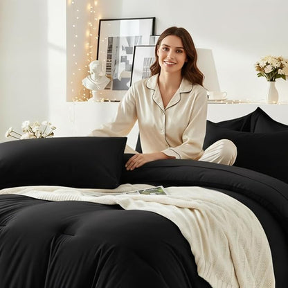 Oversized King Comforter Set 7 Pieces - Ultra-Soft Bed in a Bag, Cozy Luxury All Season Bedding Sets with Comforter, Flat Sheet, Fitted Sheet, 2 Pillow Shams & 2 Pillowcases, Black