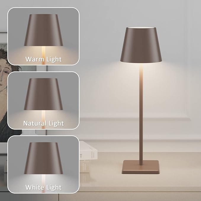 2 Pack LED Rechargeable Table Lamp Bronze, Portable 5500mAh Battery Powered Bedside Lamp, 3 Color Temperatures Stepless Dimmable Cordless Table Lamps for Outdoor Restaurant Bedroom Rust Red