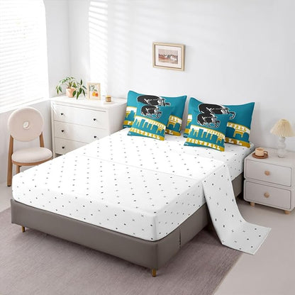 Erosebridal Football 7 Pcs Comforter Set King Football City Bedding for Kids Teal Football Fans Sheet Set Bed in A Bag Rugby Game Bedroom Decor Sports Ball Competition Bed Set