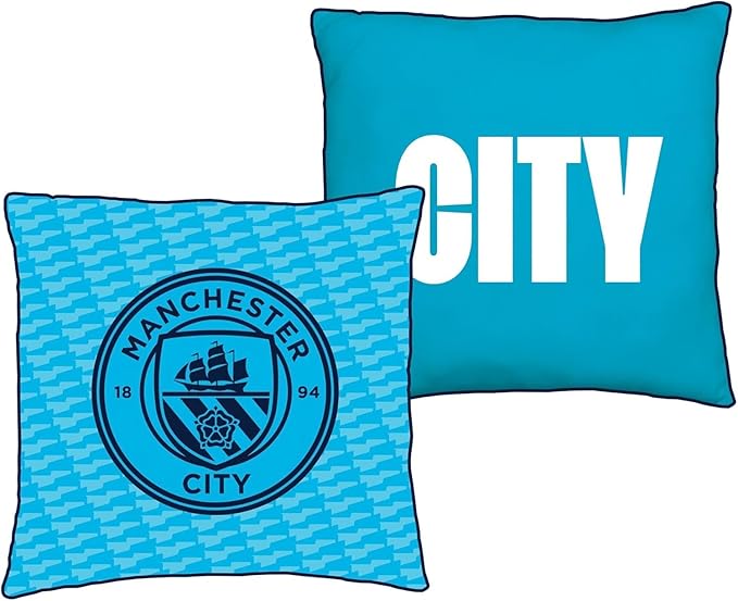 Character World Manchester City FC Official Blue Cushion, Super Soft Reversible 2 Sided, Soccer Club Crest Design, Perfect for Any Bedroom, Sofa or on The Bed 16 x 16 INCHES